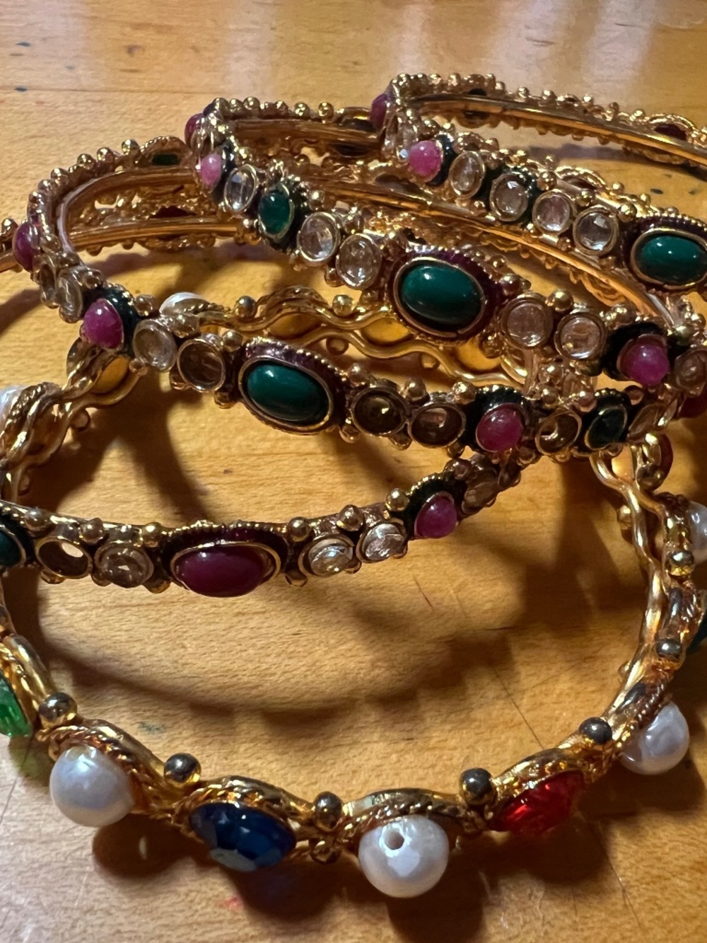 Vintage Ornate Indian Gold Gem Costume Stacking Bangle Bracelet 5 Set